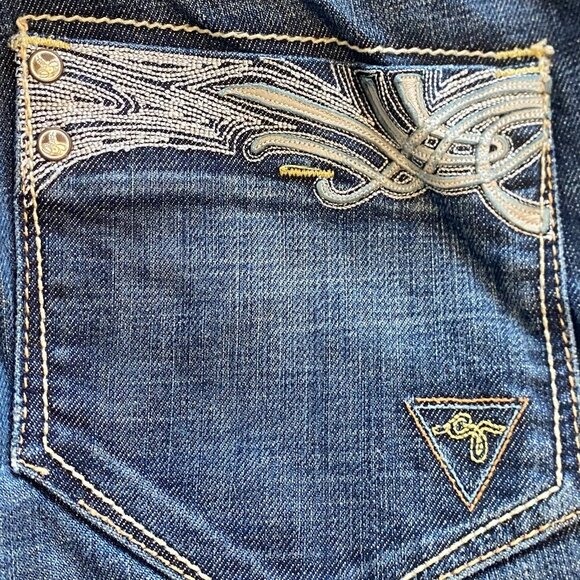 Vtg Guess Premium Y2K Denim Flare Leg Dark Wash Mid Rise‎ Low Rise Jeans Size 31 - Picture 6 of 16